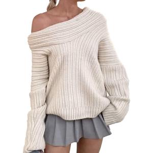 Unybwonn Women Off Shoulder Sweater Top Long Sleeve Knitted Pullover Casual Loose Oversized Trendy Vintage Knitwear Tops Large