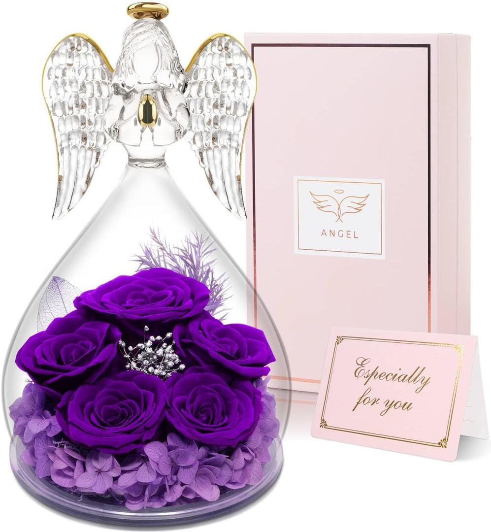 Yamonic Birthday Gifts for Mom Grandma,Glass Angel Figurine with Five Real Roses Gifts, Preserved Flowers Rose Gifts for Women, Her, Mother, for mom, Christmas Valentine Day Gifts