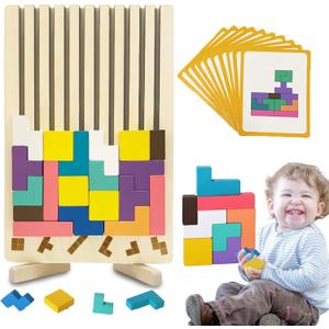 Wooden Stacking Puzzle Toy 3D Wooden Russian Puzzle for Kids, Montessori Wood Stacking Blocks Colored Family Brain Teaser Activity, Giant Block Board Toys for Toddlers 3-6 Years (Colorful)