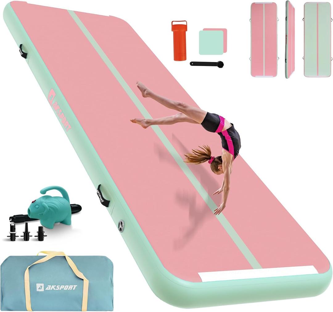 AKSPORT Inflatable Gymnatsics Mat Tumble Track 10ft 13ft 16ft 20ft 23ft Air Tumbling Mat with Air Pump for Home Use/Training/Cheerleading/Yoga (Green Pink)