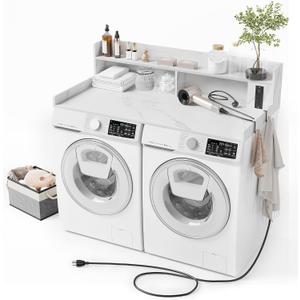 Upgraded 2-Tier Washer and Dryer Countertop with Power Outlet,54" W x 27.6" D Large Laundry Countertop for Fold Clothes, Laundry Topper with Non-Slip Pads & Metal Hooks and Storage Basket