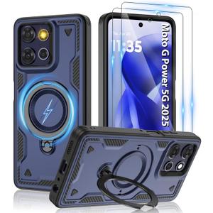 For Motorola G Power 5G 2025 Magnetic Case, Compatible with MagSafe & [HD Screen Protector2], Metal Rotated Kickstand, Military Grade Drop Proof Anti-Fingerprint Protective, Blue, G Power 5G 2025