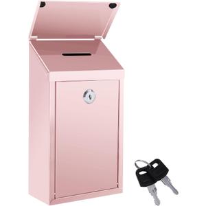 Metal Donation Box Suggestion Box with Slot and Lock Waterproof Wall Mounted Mailbox Charity Collection Box Secure Drop Box for Cash Home Office Outdoor (Pink)