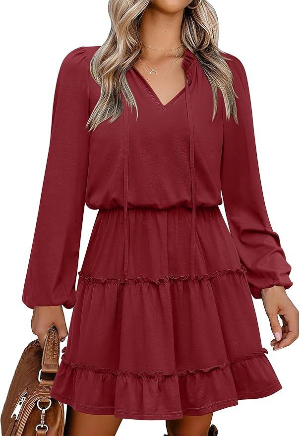 Caracilia Long Sleeve Dress for Women Fall 2025 Casual V Neck High Waist Tiered Ruffle Aline Swing Tunic Short Mini Dresses, Large