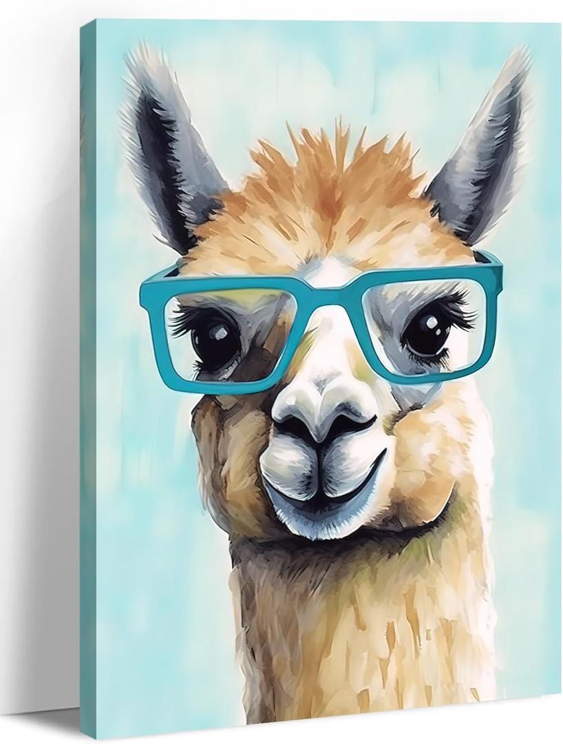 Alpaca Canvas Wall Art Nursery Wall Decor Funny Animals Wearing Glasses Pictures Prints Cute Camel Painting Framed Artwork for Living Room Bedroom Bathroom Home Decoration - 16.00"x24.00"