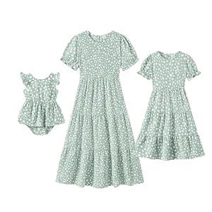 IFFEI Mommy and Me Dresses Summer Casual Boho Matching Outfits Ruffle Puff Sleeve High Waist Midi Beach Maxi Dress Light Green Girls 2T