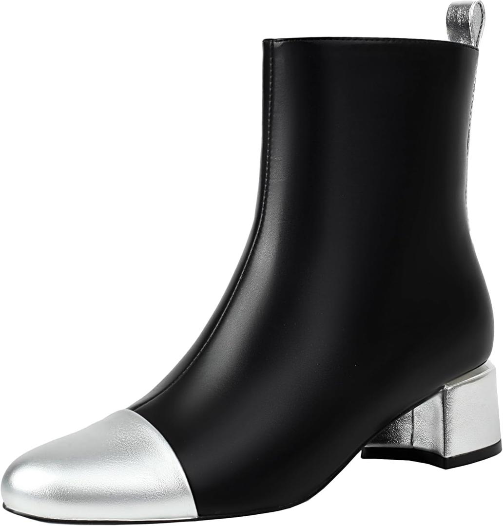 Mofirdast Womens Ankle Chunky Low Heels Boots Round Cap Toe Two-tone Color Blocking Booties Side Zipper Mid calf Boots (6.5, Black+sliver)