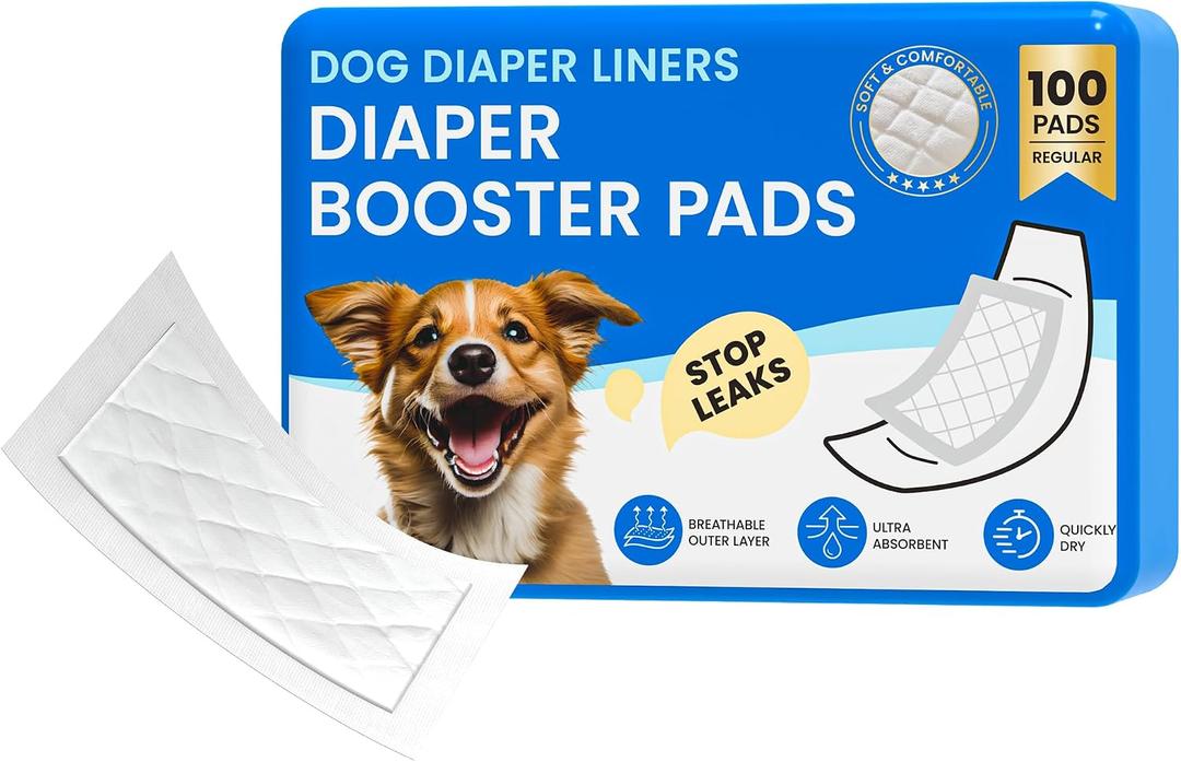 Disposable Dog Diaper Liners Booster Pads for Male & Female Dogs - 100ct | Diaper Inserts fit Most Washable Dog Wraps and Belly Bands,Regular