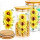 Layhit 3 Pcs Sunflower Glass Canister Set Clear Lemon Kitchen Storage Jars with Airtight Bamboo Lid for Coffee Bean Cookie Candy Tea Flour Farmhouse Home Countertop 24oz