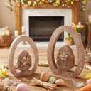 RattanView 2 Pcs Easter Wood Egg Decorations 5.91 Inch Rustic Retro Wooden Standing Decor with Egg Hollow Tabletop Figurine for Spring Home Gifts Tiered Tray Farmhouse Party Fireplace Shelf