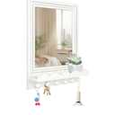 Tirzah 16x12 Inch Wall Mount Beaded Wood Framed Mirror with Shelf and 6 Hooks, White Decorative Entryway Mirror with Storage for Laundry Room, Bathroom, Bedroom