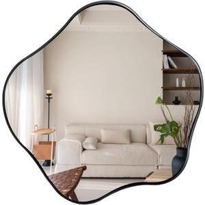 Irregular Wall Mirror, 16" Asymmetrical Shaped Mirror, Wavy Round Mirrors Decorative, Modern Scalloped Mirrors for Living Room Bathroom Bedroom Hallway Entryway Fireplace (Black)