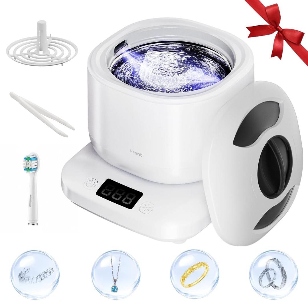 Vcyems Ultrasonic Jewelry Cleaner Machine with U-V Light, Detachable Retainer Cleaner for Jewelry, Retainers, Dentures, 42kHz Ultrasonic Cleaner with 3 Modes, Waterproof, for Family, White