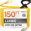 12 Gauge 150 FT Heavy Duty Outdoor Extension Cord Waterproof with Lighted End,Yellow12 Gauge Extension Cord Flexible and Cold Resistant 3 Prong Grounded Plug,15Amp 1875W SJTW ETL Listed