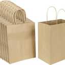 Oikss 100 Pack 8x4.75x10 Inch Medium Brown Kraft Paper Bags with Handles Bulk for Wedding Birthday Party Favors Grocery Retail Shopping Business Goody Craft Gift Bags Sacks (Plain Natural 100 Count)