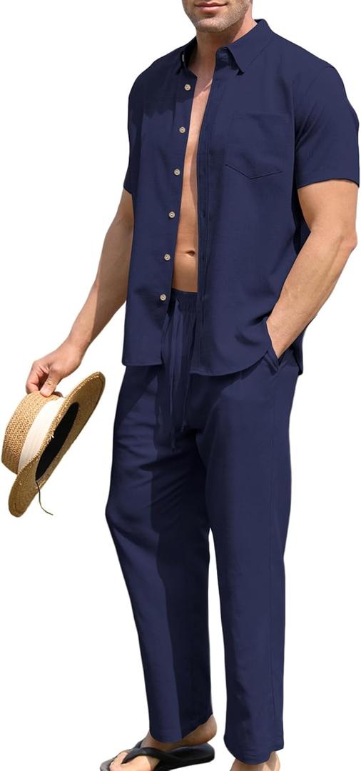 URRU Mens 2 Piece Linen Outfit Summer Beach Short Sleeve Button Down Shirt and Pants Set (XX-Large, Navy Blue)