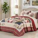 Dobuyly Queen Quilt Set,Floral Patchwork Bedspreads Queen Size,Red Summer Vintage Lightweight Coverlet Set for Queen Bed for All Season96 x90