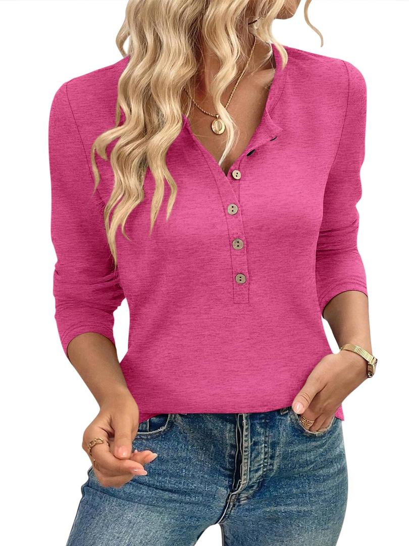 TICTICMIMI Women's Button Down Shirts Long Sleeve Henley Tops Casual Tunic Blouse Hot Pink (XL)