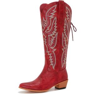 Uillnoodu Wide Calf Cowboy Boots Women Adjustable Lace Up Knee High Tall Plus Size Cowgirl Boots Western Style Comfortable 2-Inch Heel 10W