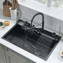 30 Inch Black Waterfall Kitchen Sink with Pull-Out Faucet Combo- Wesliv 30x18 Waterfall Sink Black Digital Display Smart Honeycomb Kitchen Sinks Deep Single Bowl with Accessories, 30"x18"x9"