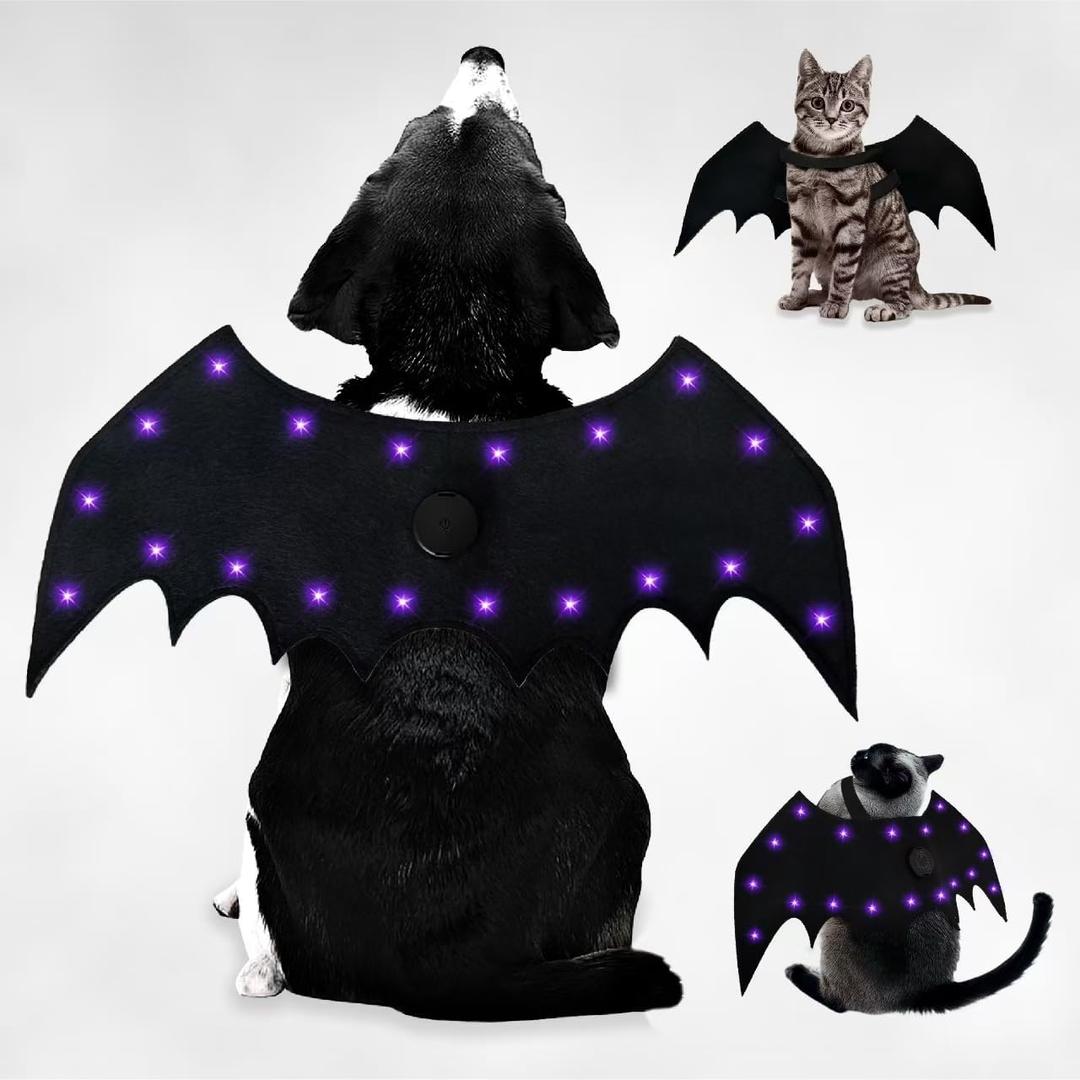 Luminous 20 LED Lights with bat Wings, Suitable for Halloween pet Costumes for Cats and Dogs, 4 Lighting Modes, Suitable for Different Body Types Black