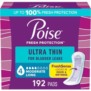 Poise Ultra Thin Incontinence Pads & Postpartum Pads for Bladder Leaks, 4 Drop Moderate Absorbency, Long Length, 192 Count (4 Packs of 48)