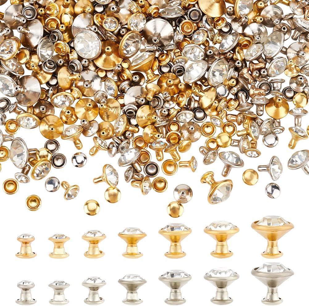 FINGERINSPIRE 280 Sets 7 Sizes Clear Rhinestone Rivets (5~11mm) Platinum & Gold Crystal Rivets Metal Double Cap Rhinestone Stud Rivets Studs for Leather Clothes Arts Crafts Decor