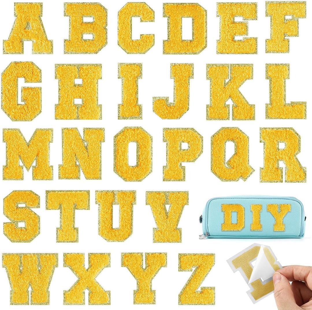 26Pcs Yellow Chenille Letters A-Z, Self Adhesive Chenille Letter Patches for Fabric Clothing