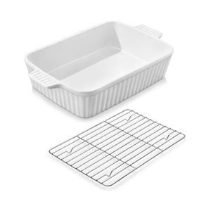 MALACASA 4.4 QT Baking Dish with Rack, 9x13 Large Casserole Dish for Oven, Ceramic Baking Pan with Rack, Rectangular Lasagna Pan Deep with Handles for Baking, Durable Microwave Oven Safe, White