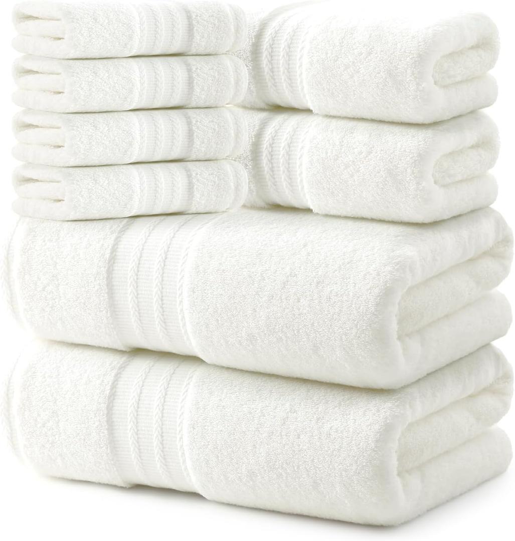 REDKISS 8 Piece Ivory Towels Set - 100% Cotton Towels Set with 2 Large Bath Towels, 2 Hand, 4 Washcloths, 600 GSM Highly Absorbent Bath Towel Sets, Cream Quick Dry Shower Towel for Family Dorm Gym
