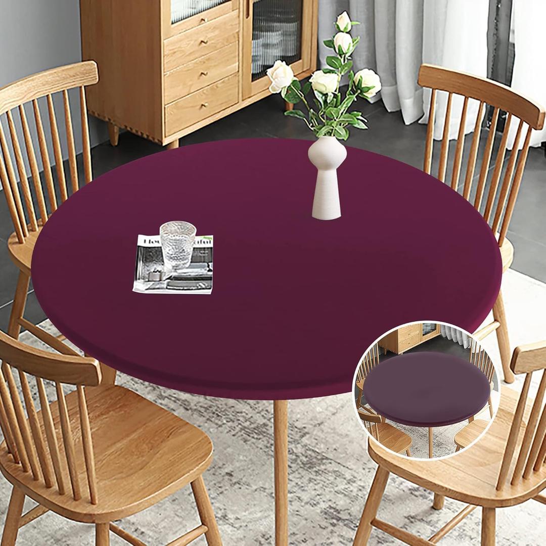 Obstal Fitted Round Table Cloth, Reversible Waterproof Stain Resistant Elastic Stretch Tablecloth, Wipe Clean Table Cover for Outdoor/Indoor Use, Fits Round Tables up to 32" - 36" Diameter, Burgundy