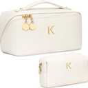Birthday Gifts for Women Teen Girl, Personalized Initial Makeup Organizer Bag Set, Open Flat Travel Cosmetic Bag With Clear Divider and Handle(Beige,K)