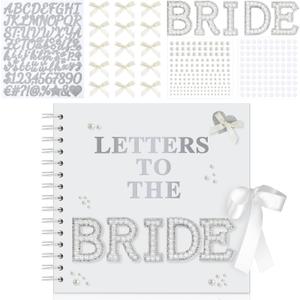 Fuyoooo 8 x 8 Inch Letters to The Bride Scrapbook Wedding Memory Book Bridal DIY Blank Paper Scrapbook Photo Album Guest Book Sign with Pearl Stickers, Metallic Letters, Bows(Warm White)