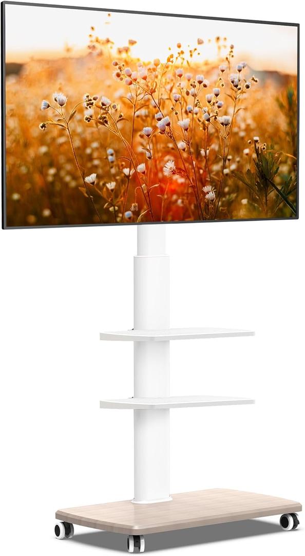 FITUEYES Rolling TV Stand, Mobile TV Cart on Wheels for 32-65 70 Inch Flat Screen TVs, Tall Floor TV Stand with Swivel Mount, Corner TV Stands for Bedroom, Living Room, Home Office,Small Dorm, White