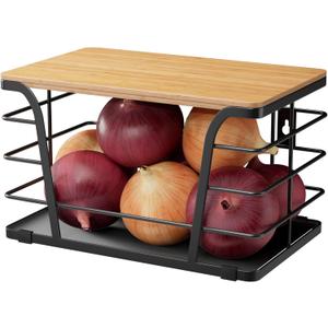 Pantry Organizers and Storage - Stackable Wire Basket with Lightweight PP Mat & Bamboo Top for Fruits Vegetables,Fruit Holder for Kitchen Countertop,Black