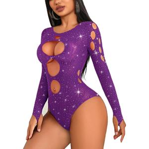 Avidlove Women's Lingerie Rhinestone Fishnet Bodysuits Sexy Body Suit Mesh Top Rave Outfits One Piece Teddy Lingerie (Purple)