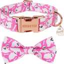 ADOGGYGO Pink Halloween Dog Collar with Bow Tie, Detachable Ghost Pet Bowtie, Metal Buckle, Adjustable Pink Halloween Collars for Small Dogs Girl (Small)