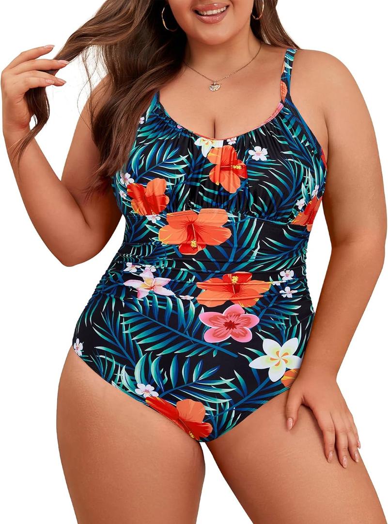Plus Size Swimsuit for Women Tummy Control One Piece Bathing Suit Vintage Swimwear Flower Print 2XL