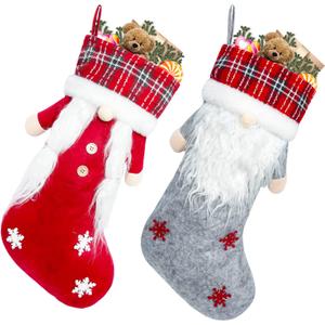 Meajore 2 Pcs Christmas Stockings New Set, Personalized (18inch) Christmas Stockings 3D Gnomes Santa Soft Classic Red and Grey Fireplace Hanging for Family Holiday Xmas Party Decorations