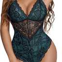 Avidlove Lingerie for Women One Piece Snap Crotch Teddy Bodysuit Contrast Lace Mini Babydoll (Medium, Blue Green)