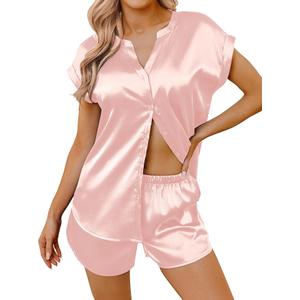 Ekouaer Silk Satin Pajamas for Women Button Up Pjs 2 Piece Summer Short Sleeve Lounge Sets V Neck Sleepwear ,Size 2XL