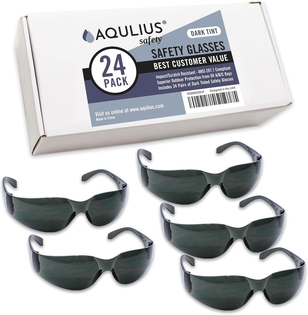Aqulius Tinted Safety Glasses for Men & Women - 24-Pack, Dark, Tactical - ANSI Z87+ Impact Resistant & UV Protection - Safety Sunglasses for Construction