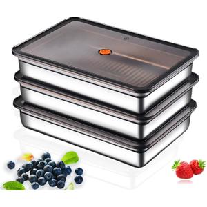 Stainless Steel Food Storage Containers, Silver, Airtight with Vacuum Seal, Stackable Rectangular, 3-Piece Set, BPA-Free Lids, for Meal Prep and Leftovers Storage(Shallow- 1.9'' Height)