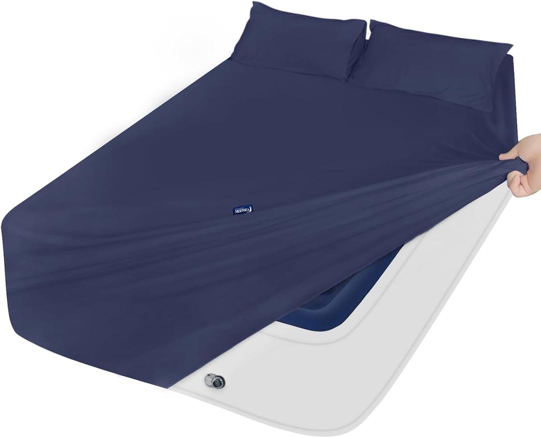 Deep Pocket Twin Sheets Set for Kids Air Mattress - Extra Deep Pocket Twin Sheet Sets - 3Pcs Side Storage Pocket Fitted Sheet & Pillowcases Easily Fits 16in to 24in Pillow Top Bed Mattress - Navy Blue