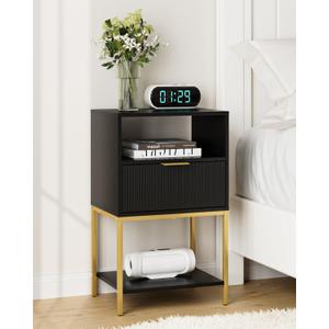 Nightstand,Modern Bedside Table with One Drawer and Two Shelf,Black Night Stand,End Table with Gold Frame for Bedroom,Living Room,Stripes