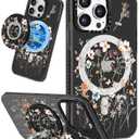 for iPhone 15 Pro Max Case for Women - Cute Kawaii Design Girls Compatible with Magsafe Magnetic Ring Holder Stand Blue Flower Phone Covers Aesthetic Girly TPU Funda for 15 Pro Max