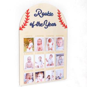 WAUAO One Year Wooden Photo Decorations - Baseball 1st Birthday Decorations,Rookie Of The Year,One Year Birthday Photo Board,12 Monthly Milestones Birthday Decor