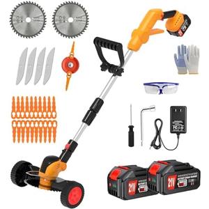 Electric Weed Wacker Cordless Eater Battery Powered, String Trimmer with 21V/4.0Ah Battery Operated & Wheels 3 Types Blades, 3 in 1 Stringless Grass Trimmer/Edger/Brush Cutter for Garden Yard Lawn