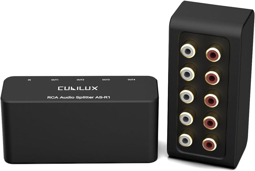Cubilux AS-R1 4 Way RCA Audio Splitter Box, 4-Channel Stereo RCA Splitter, Passive Audio Splitter-Made with Aluminum Alloy (1 in 4 Out)