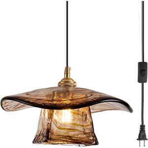 Amber Glass Pendant Light Fixture Plug-in Design Lighting Shade, Brown + Wide Volume